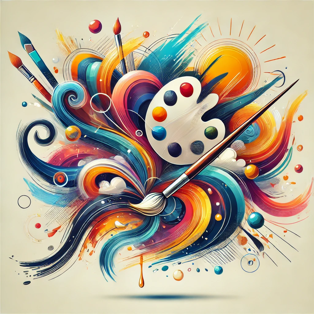 A creative and expressive illustration for a blog about art. The design includes vibrant, bold colors with art